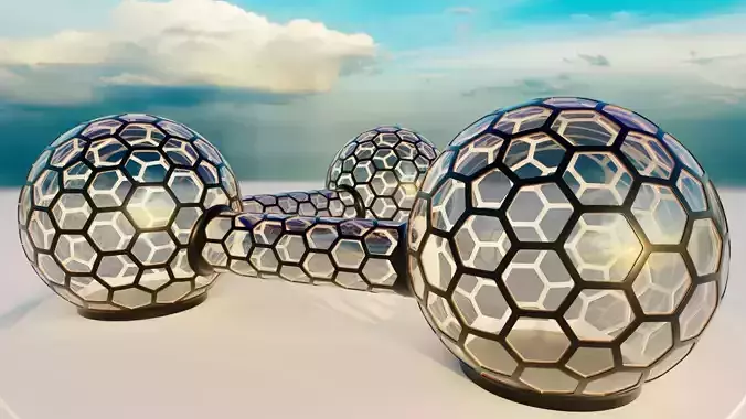 3 glass hexagon sci fi spherical domes with walkway