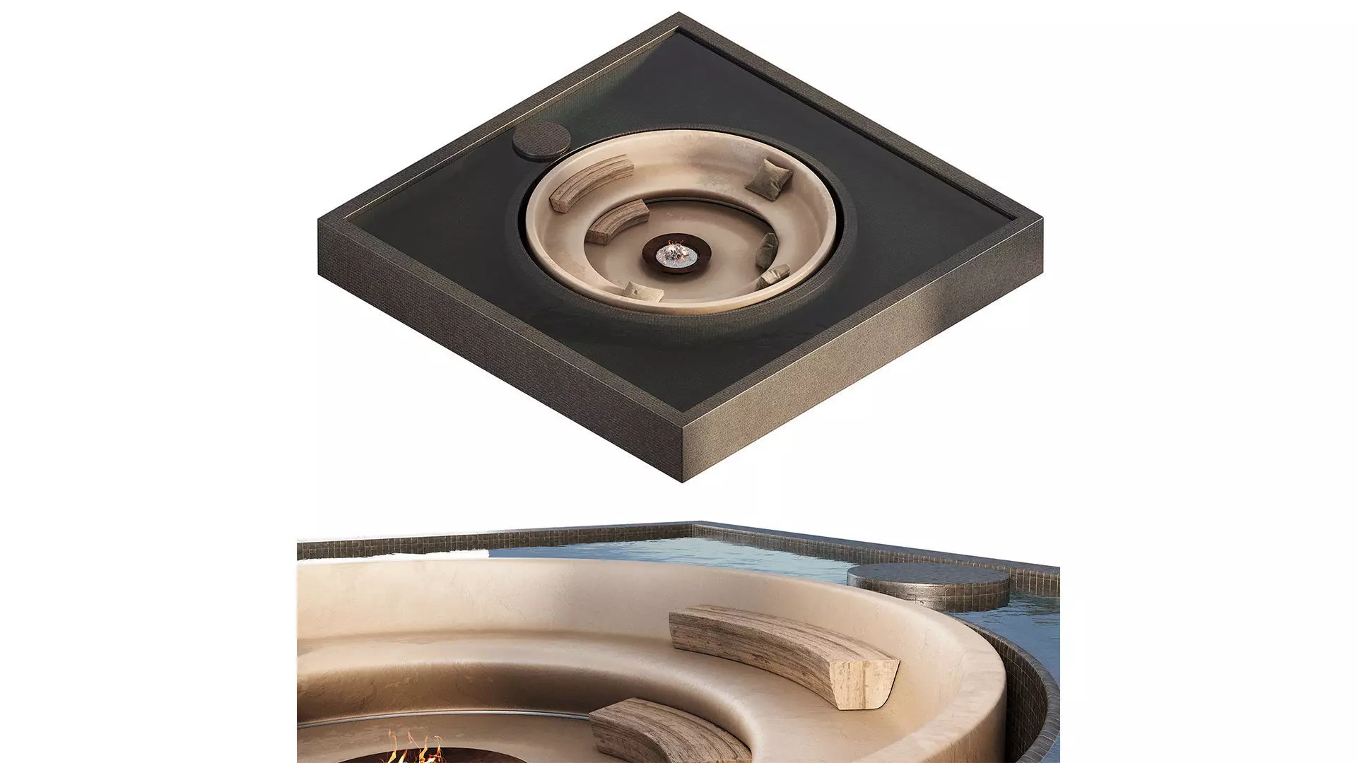 Relaxation area with fireplace in the pool 3D model