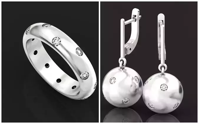 Tiffany set sphere ball earrings and diamond ring 