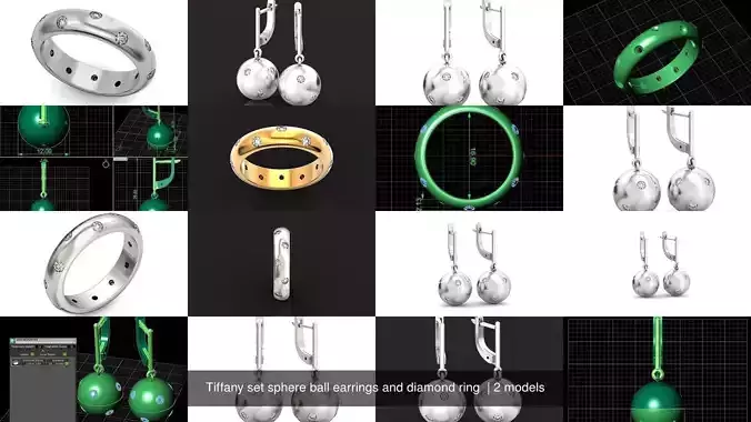 Tiffany set sphere ball earrings and diamond ring 
