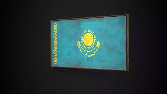 Old Picture Frame With Kazakhstan Flag - Game Ready PBR   