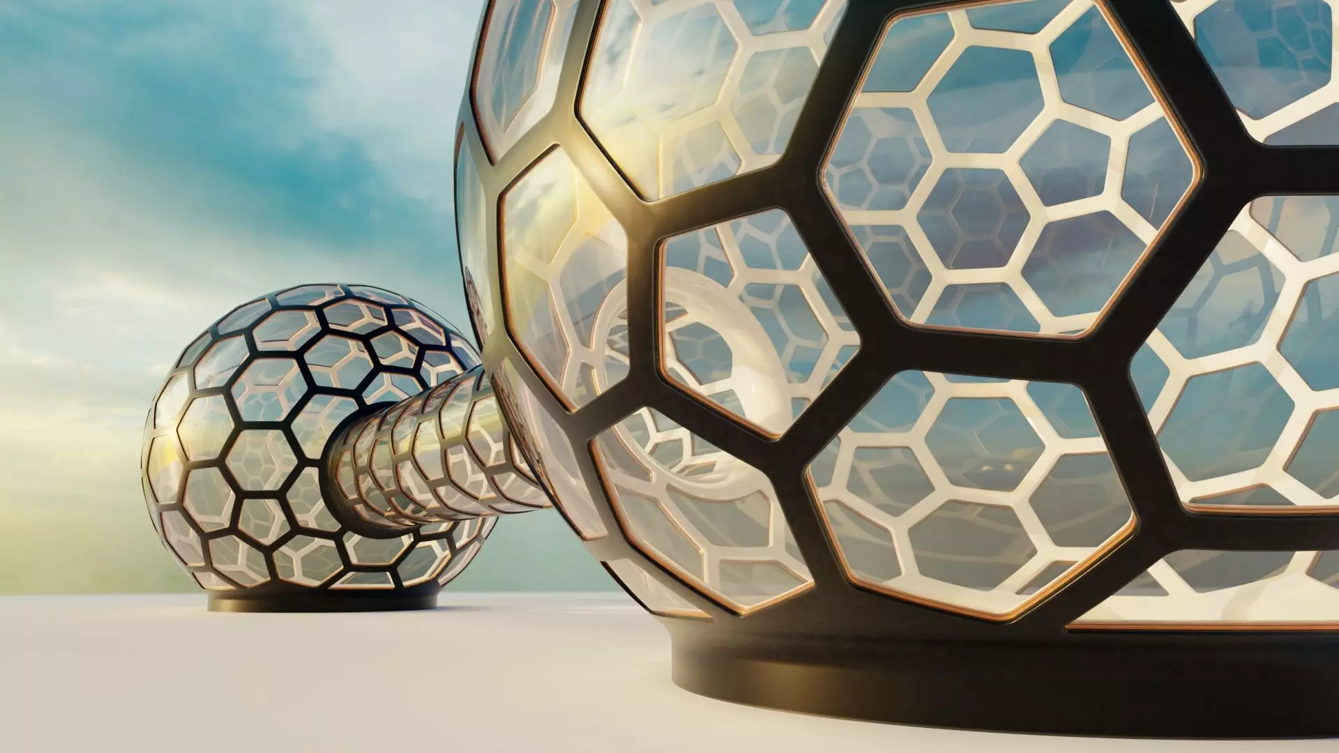 2 glass hexagon sci fi spherical domes with walkway 3D model 3D model