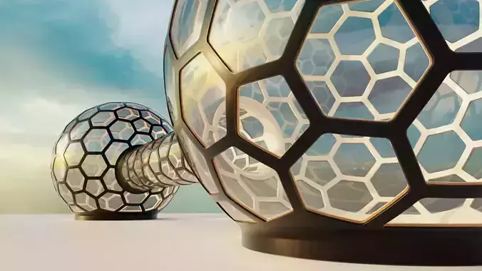 2 glass hexagon sci fi spherical domes with walkway 3D model