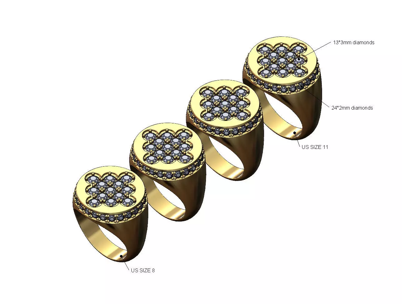 Square cluster and diamond side round signet ring US sizes 8to11 3D print model_0