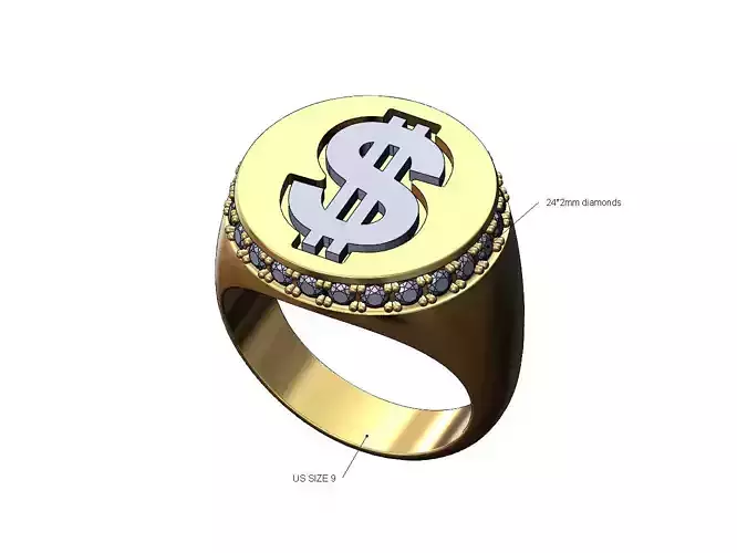 Dollar sign insert diamond side18mm round signet ring US sizes 9