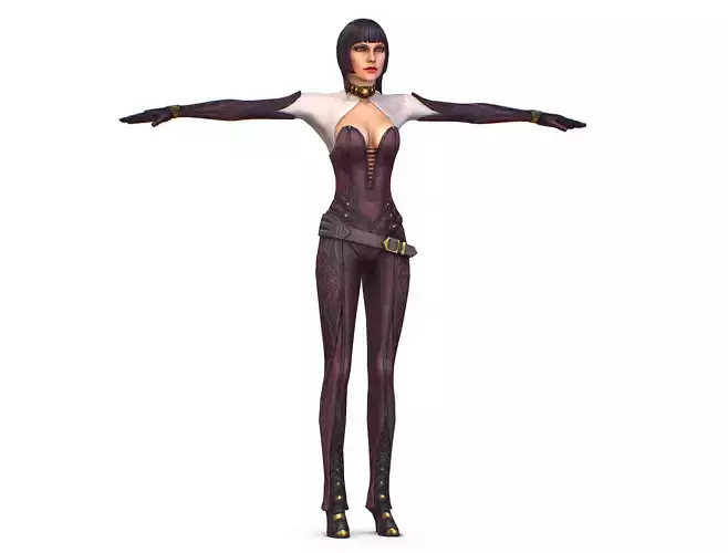 Young girl super hero in a leather suit with tattoo on her back 