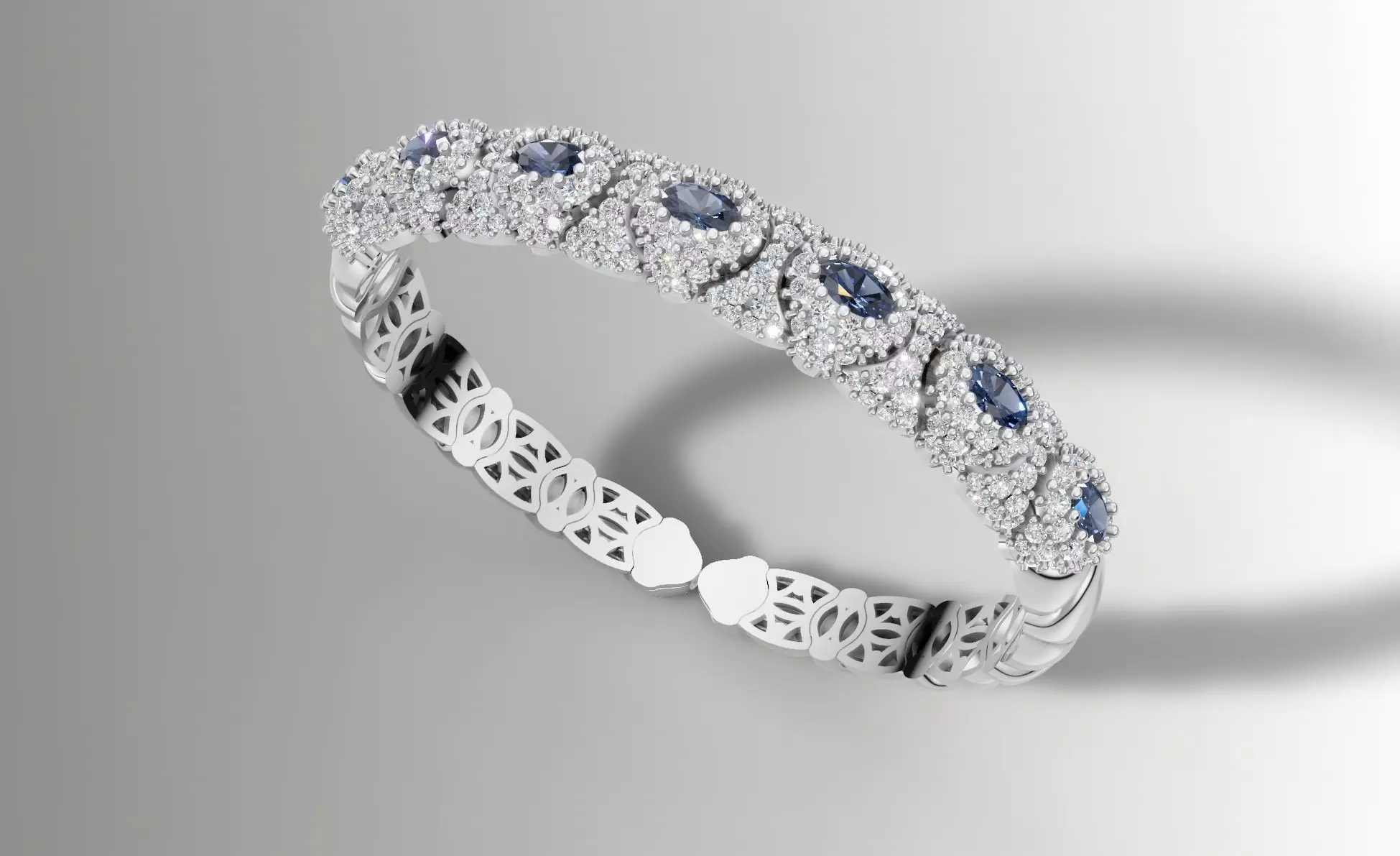 Stretchable Blue Sapphire and Diamond Bangle in White Gold 3D print model_2