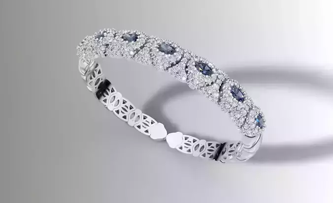 Stretchable Blue Sapphire and Diamond Bangle in White Gold 3D print model