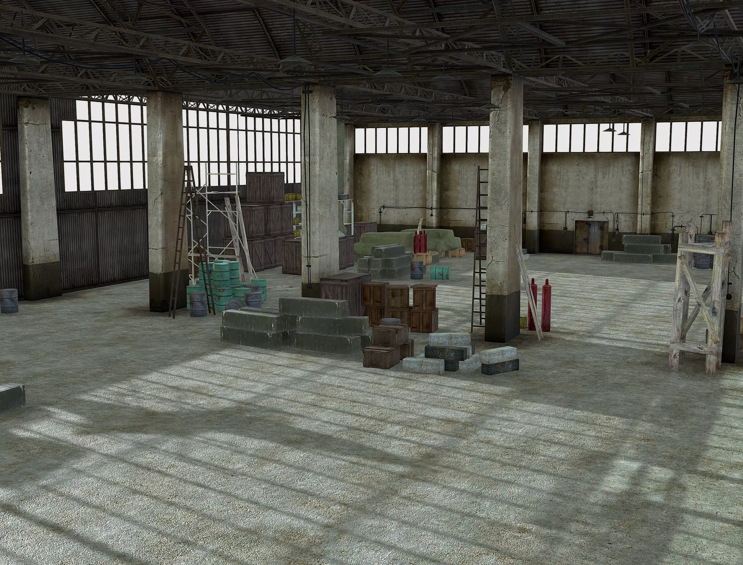 Old crate hangar and military hangar warehouse airplane room Low-poly 3D model