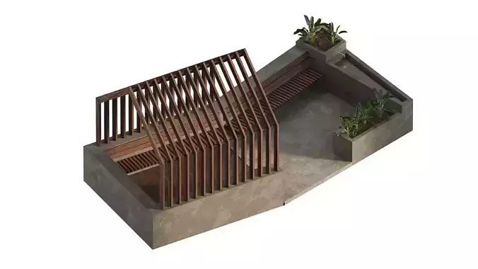 Pergola with drinking fountain and greenery