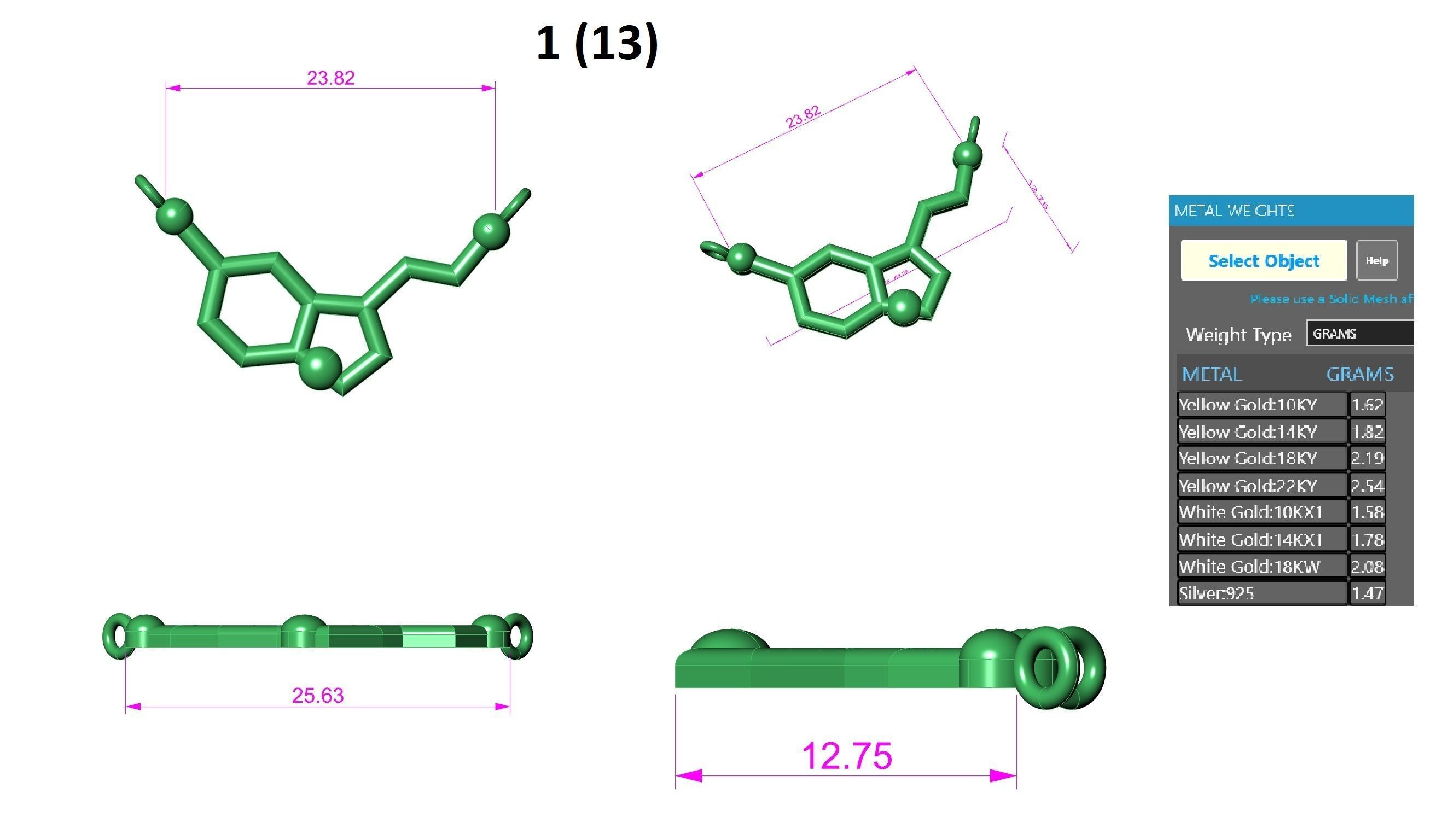 Happiness Serotonin Molecule Wire Mesh Plain Gold Pendant 3D print model_3