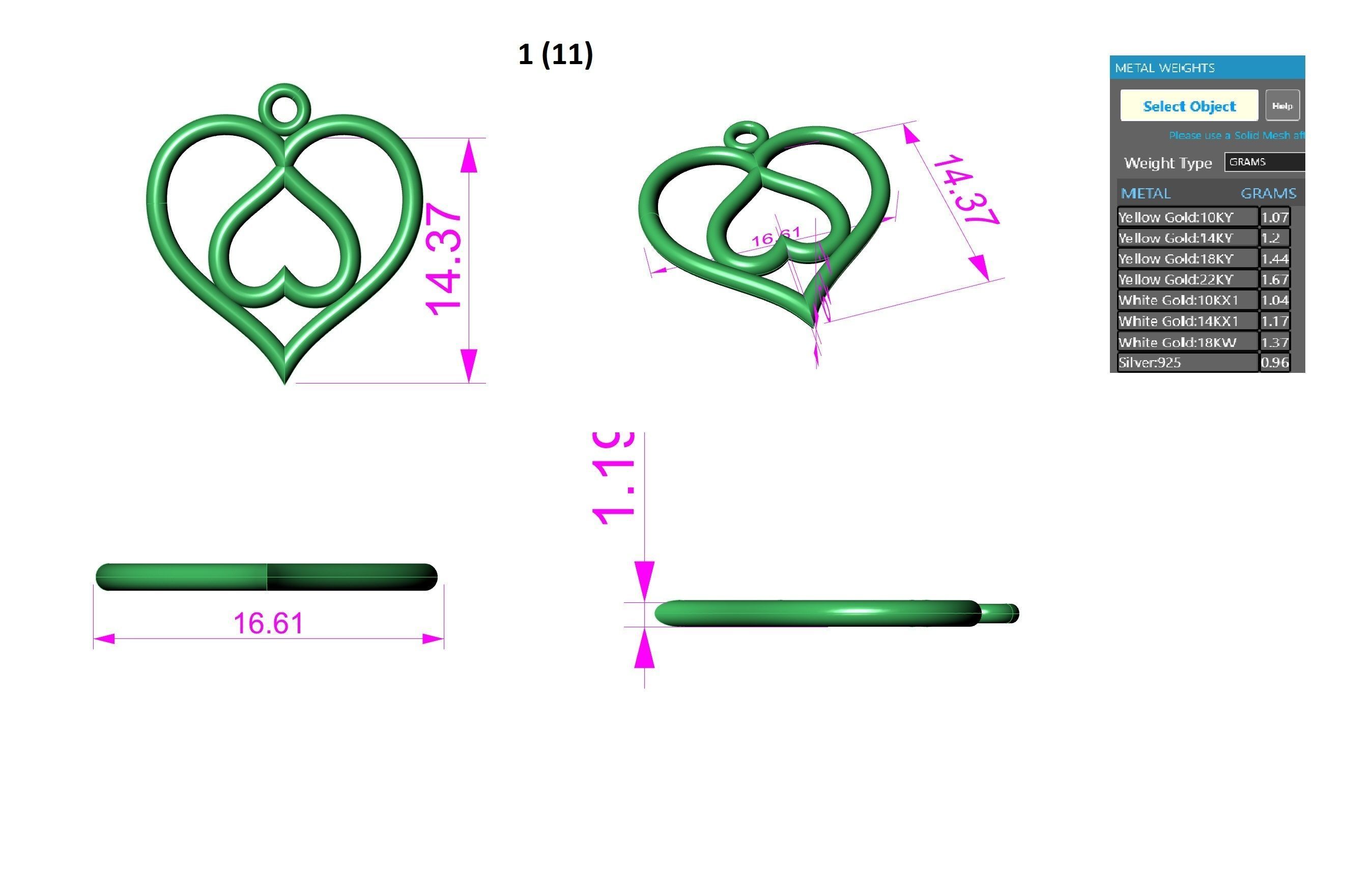 Heart Love Valentine Wire Mesh Plain Gold Pendant 3D print model_3