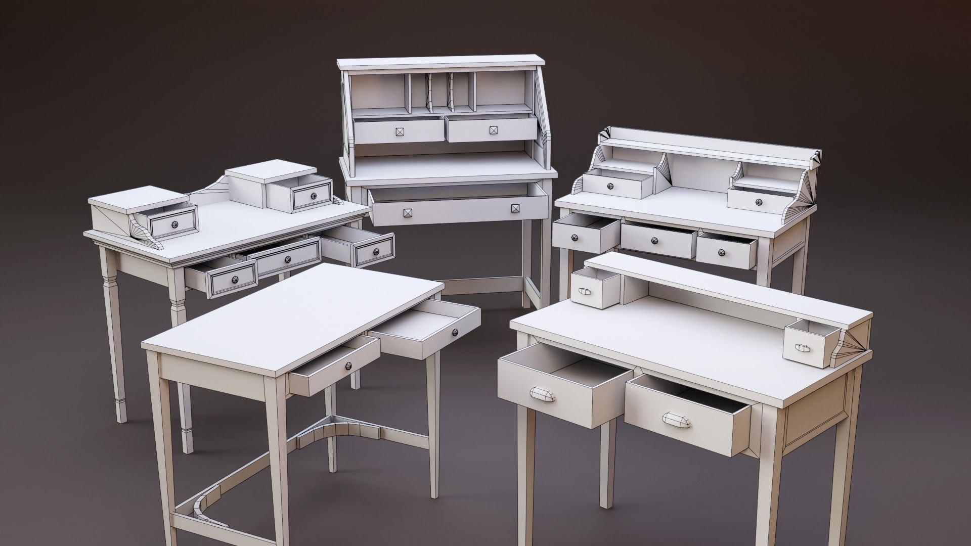 Stylized writing desk set Low-poly 3D model_2