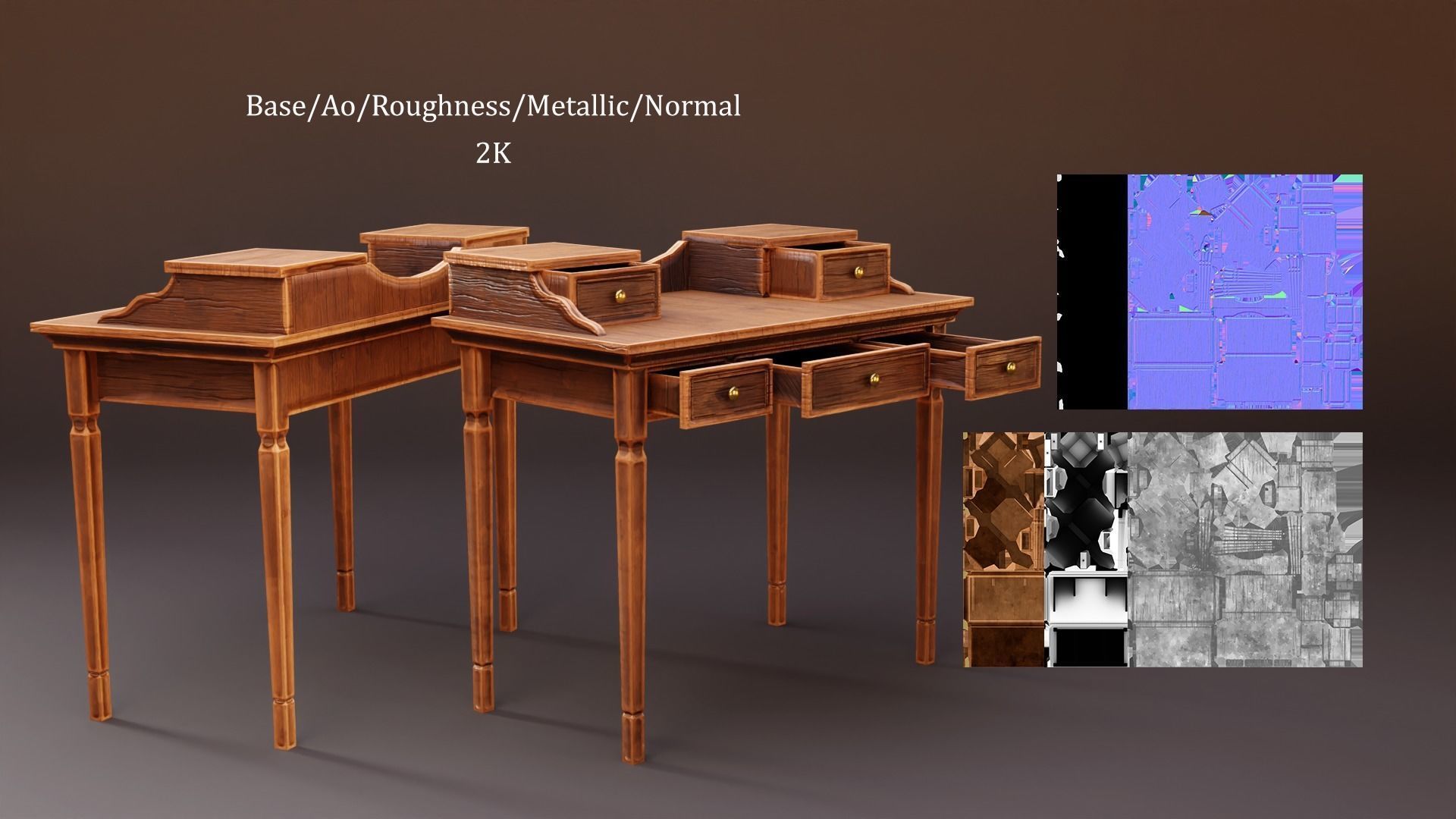 Stylized writing desk set Low-poly 3D model_6