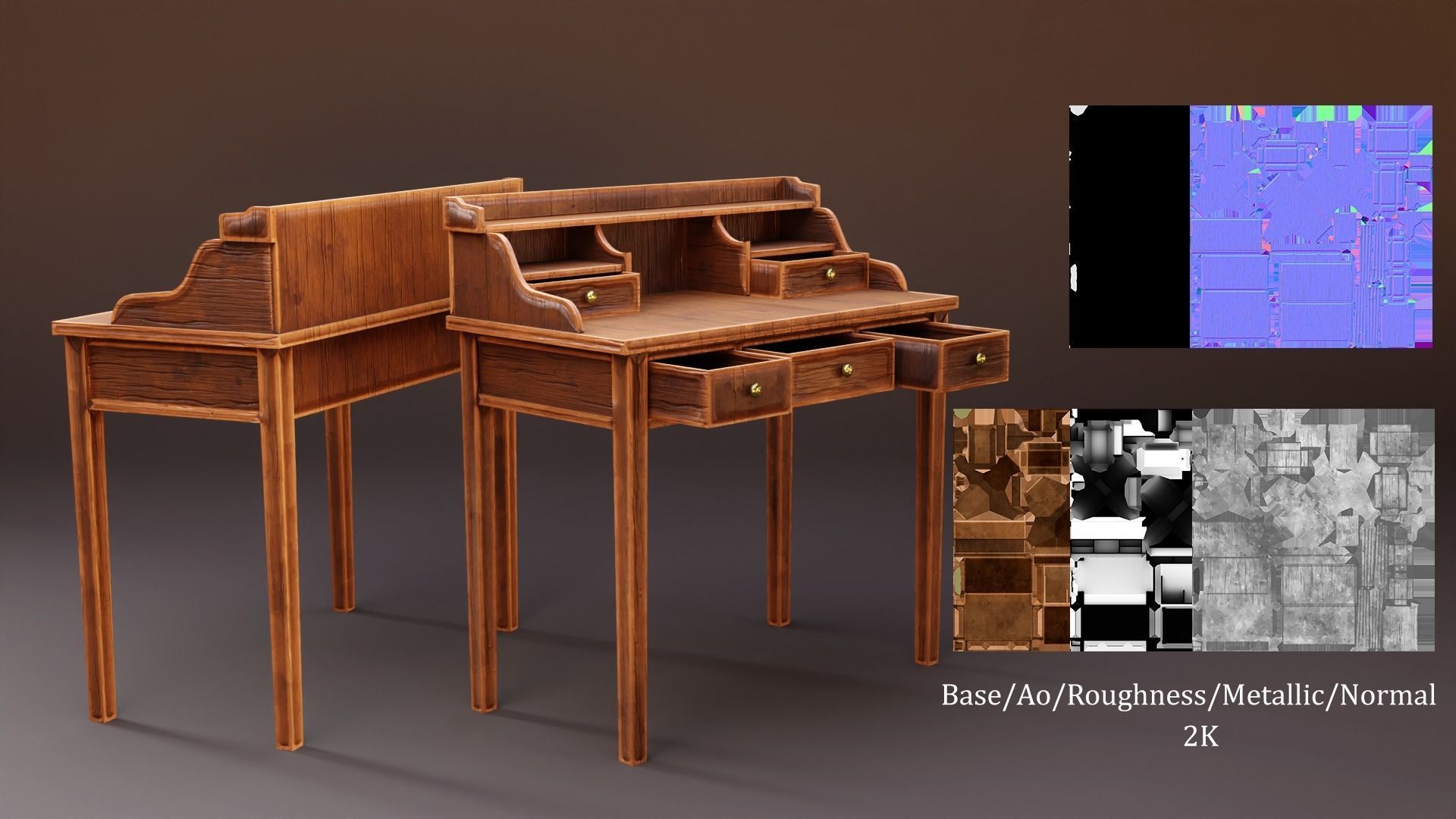 Stylized writing desk set Low-poly 3D model_3
