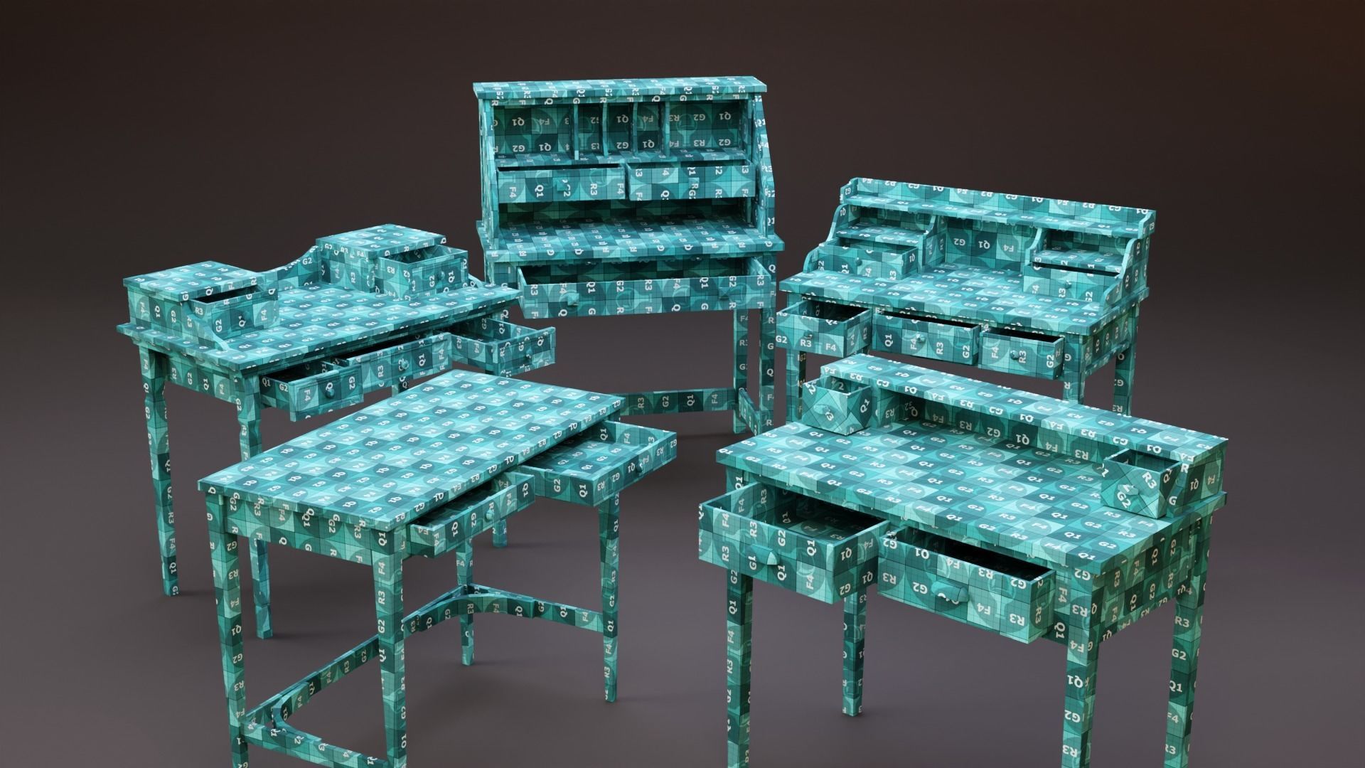 Stylized writing desk set Low-poly 3D model_1