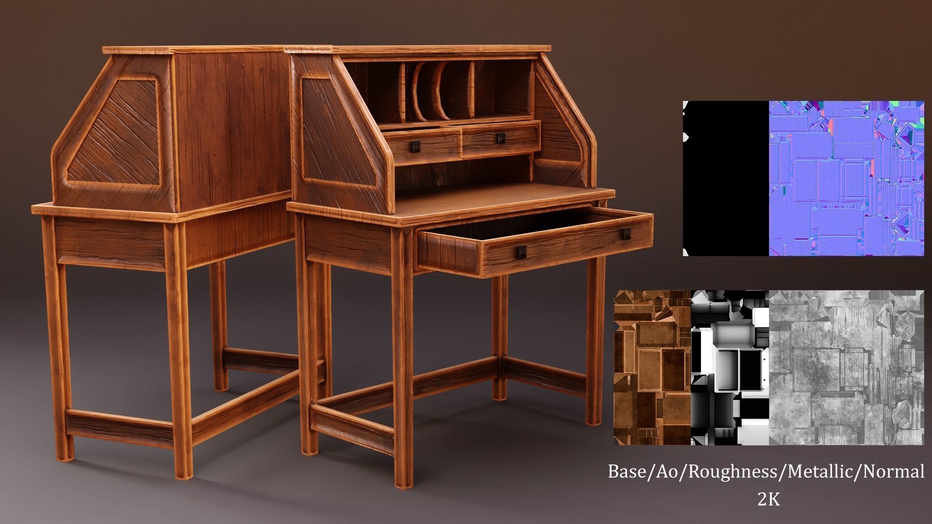 Stylized writing desk set Low-poly 3D model_4