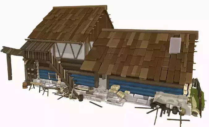 Low Poly 3D Medieval House with Interior Props Optimized Games   Low-poly 3D model