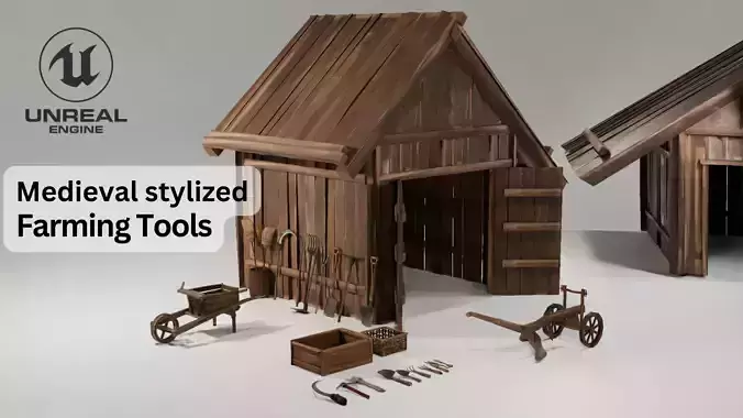 Hand painted stylized farmhouse with farming tools Low-poly 3D model
