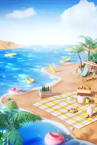 summer 3D seaside beach camping picnic holiday cool scene
