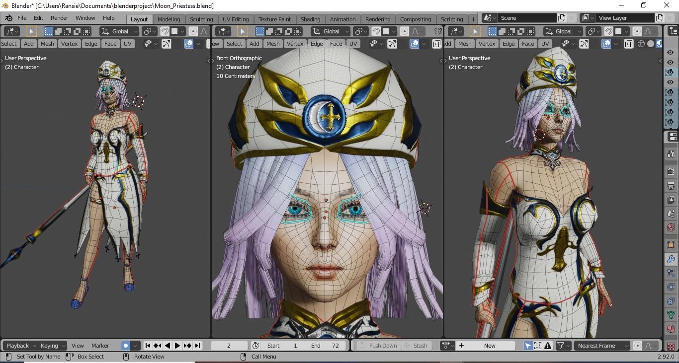 Moon Priestess Game Character Low-poly 3D model_7