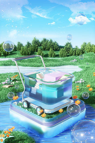 Summer   glass shopping cart promotion booth outdoor plant scene 3D model