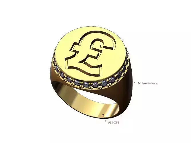 Pound sign diamond side 18mm round signet ring US sizes 9 3D print model