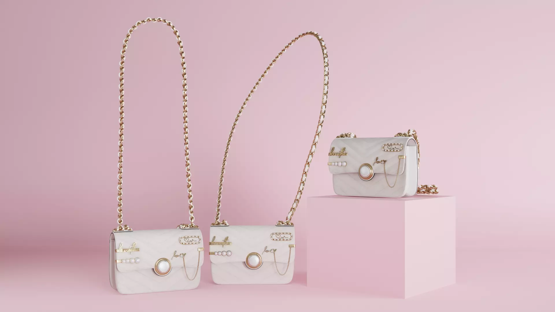 White leather shoulder bag 3 styles of straps 3D model_0