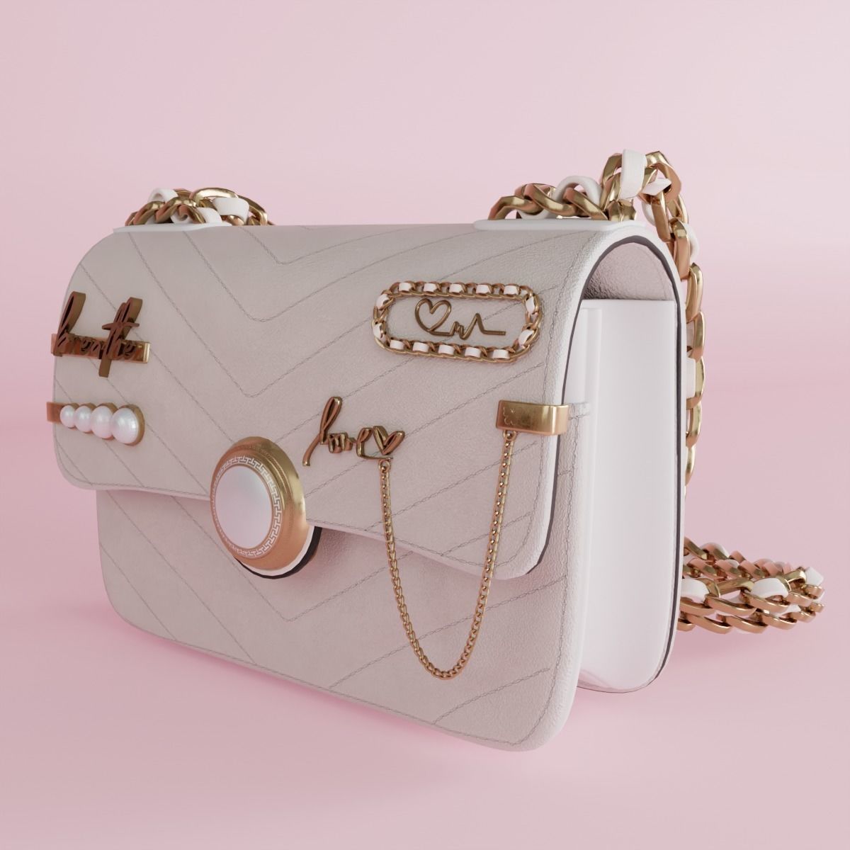 White leather shoulder bag 3 styles of straps 3D model_34