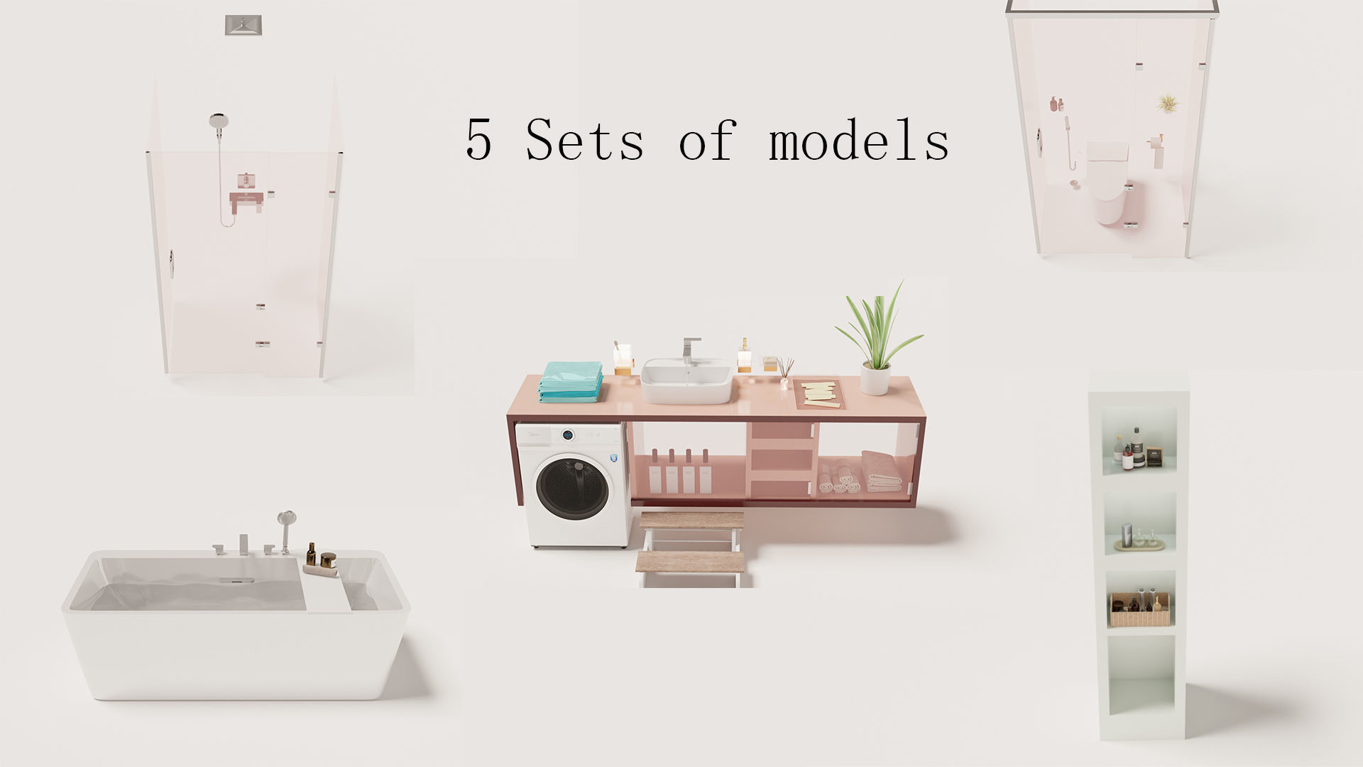 Fully Game ready low poly bathroom full 5 set of 50plus 3Dmodels 3D model_1