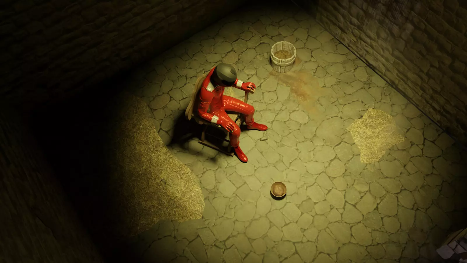 A motorcycle man tied in a chair inside a cell Free low-poly 3D model