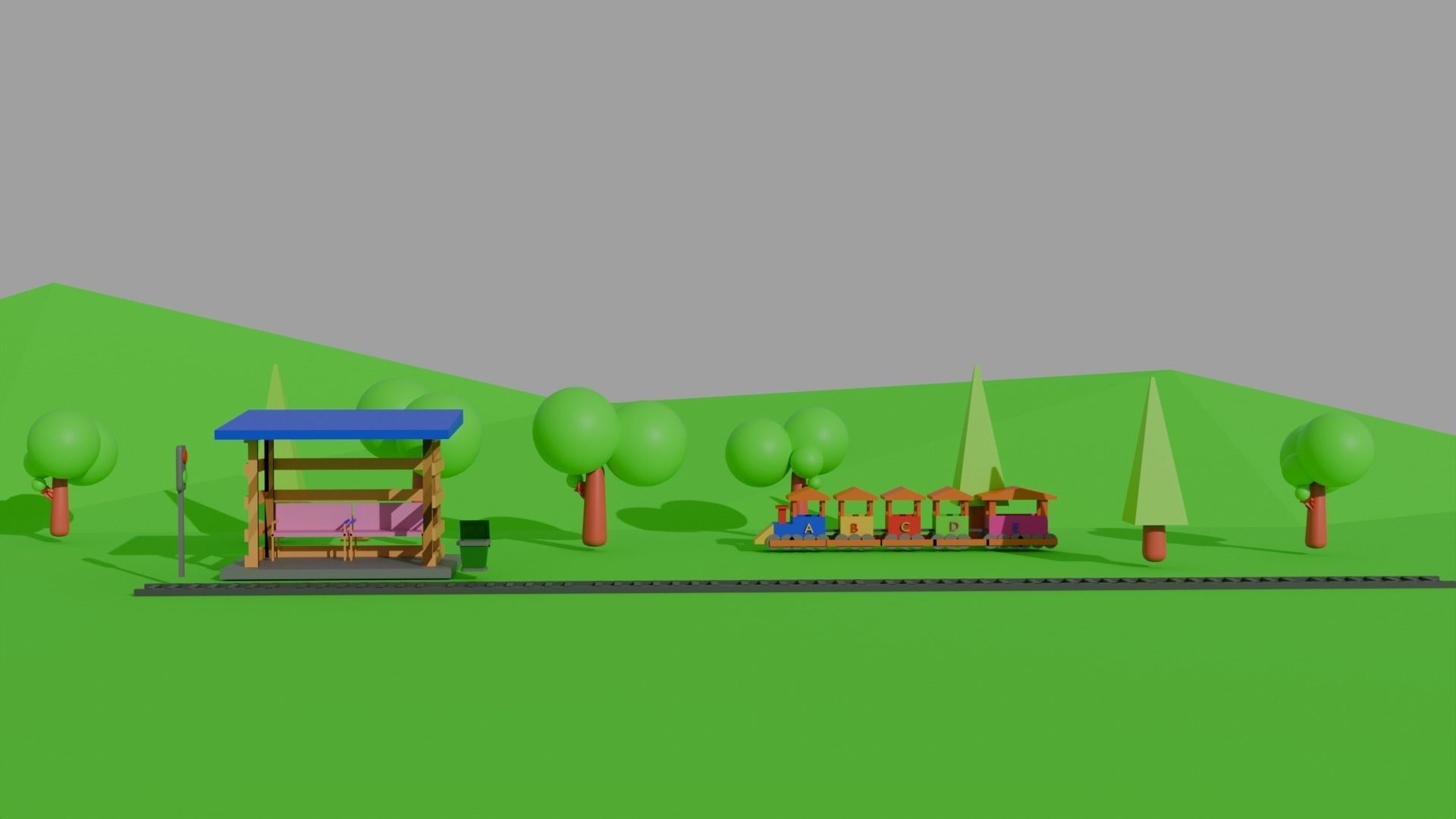 Low Poly Train Model AND TRESS BUS STOP TRAFIC LIGHT DUST BIN Low-poly 3D model_12