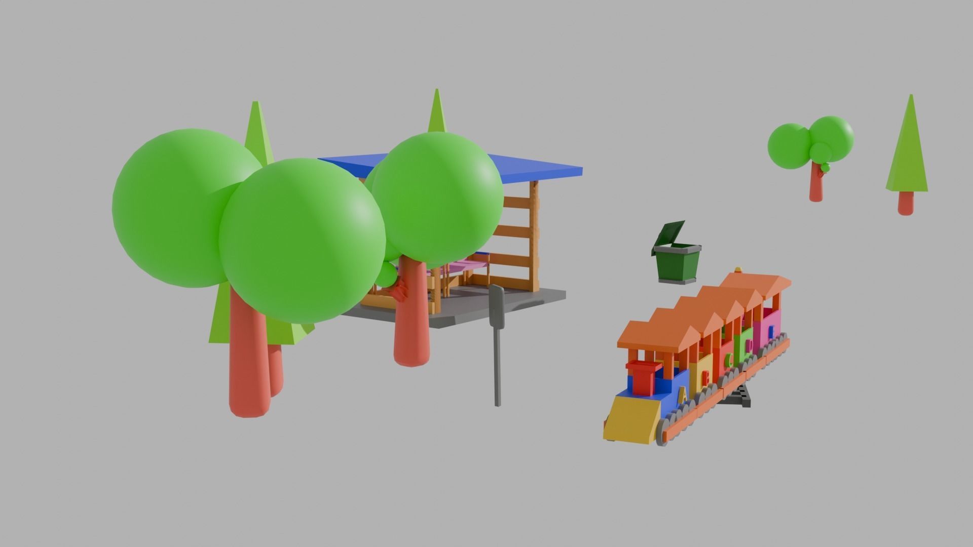 Low Poly Train Model AND TRESS BUS STOP TRAFIC LIGHT DUST BIN Low-poly 3D model_8