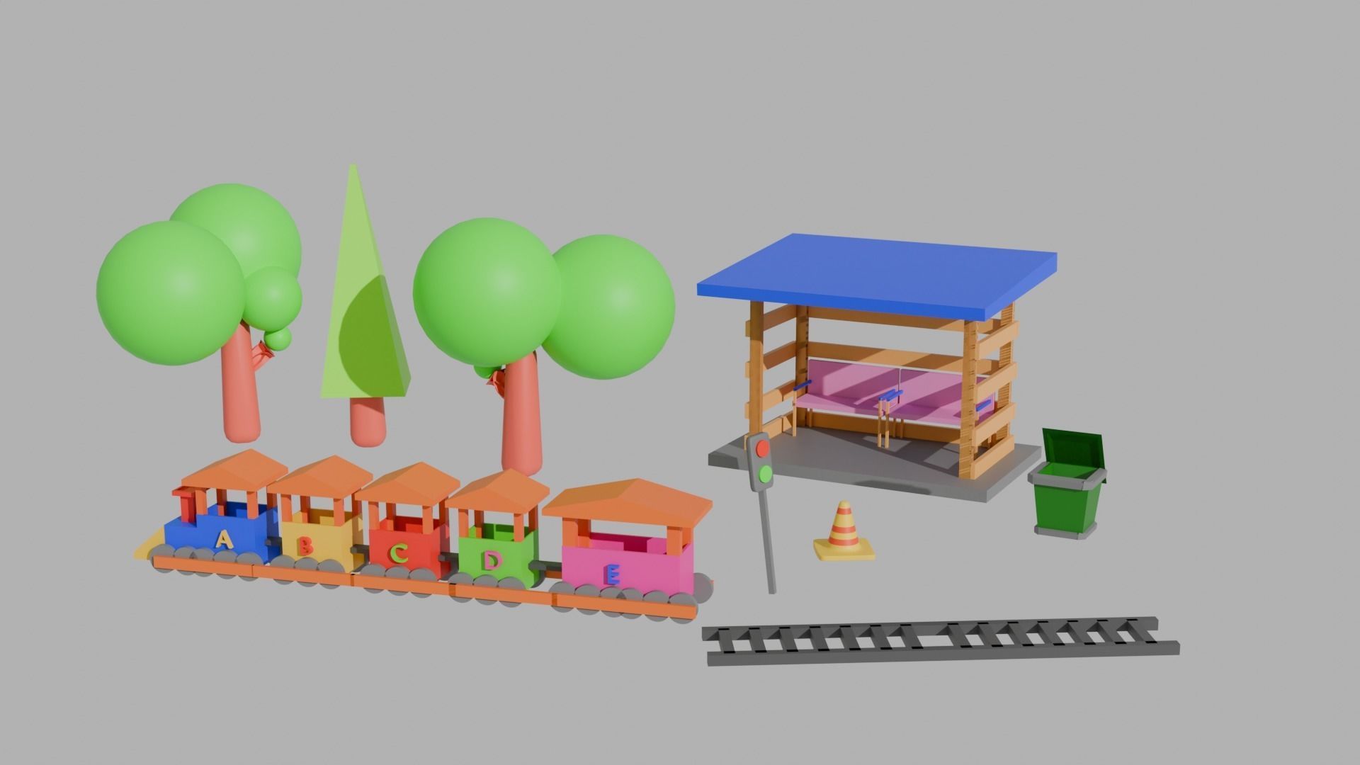 Low Poly Train Model AND TRESS BUS STOP TRAFIC LIGHT DUST BIN Low-poly 3D model_6