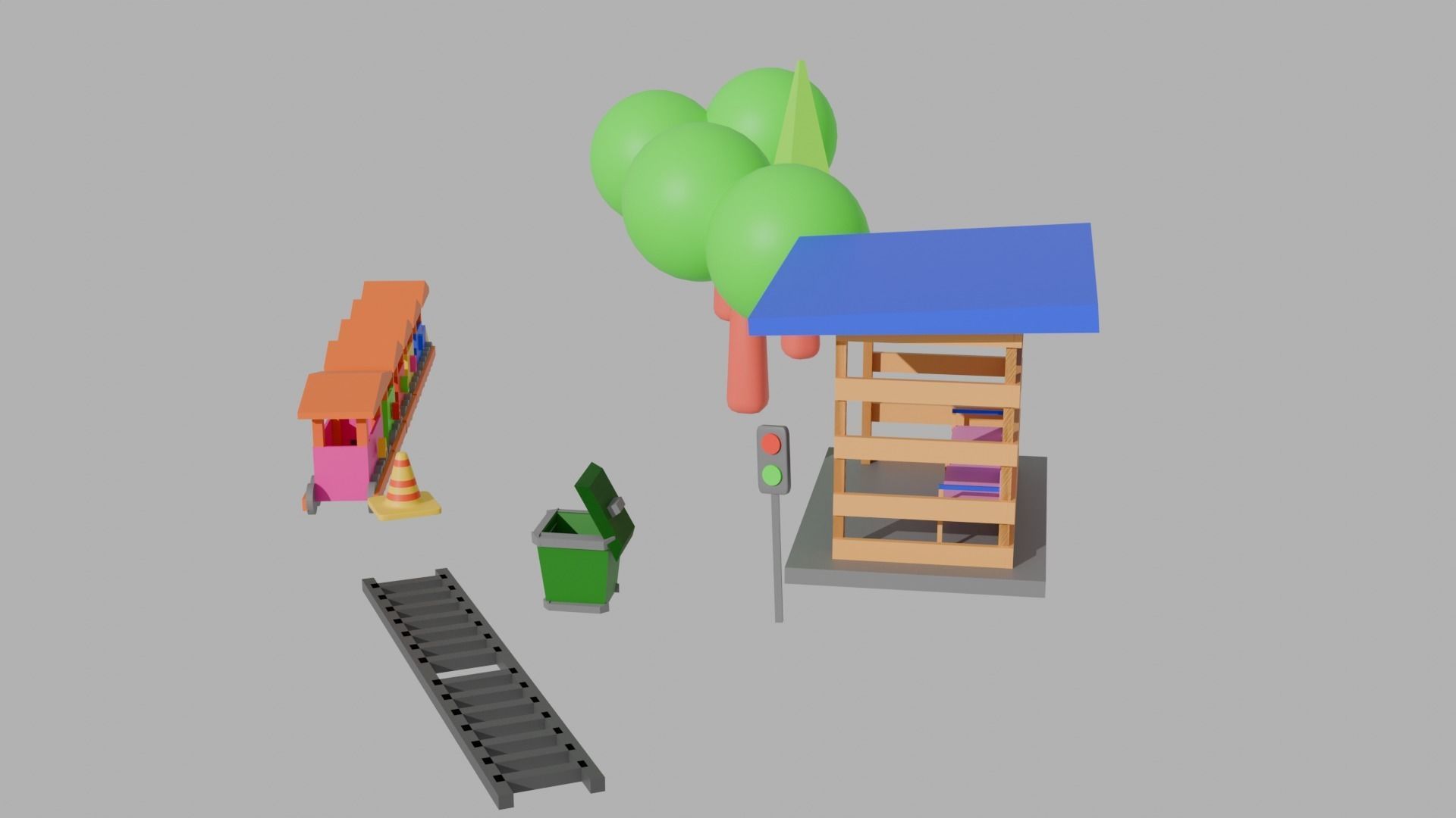 Low Poly Train Model AND TRESS BUS STOP TRAFIC LIGHT DUST BIN Low-poly 3D model_7