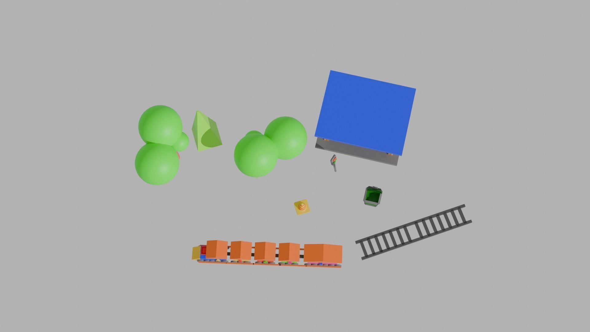 Low Poly Train Model AND TRESS BUS STOP TRAFIC LIGHT DUST BIN Low-poly 3D model_9