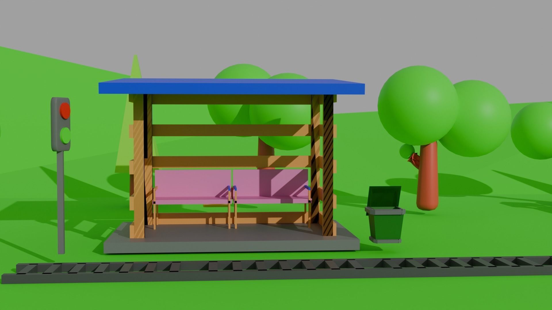 Low Poly Train Model AND TRESS BUS STOP TRAFIC LIGHT DUST BIN Low-poly 3D model_4