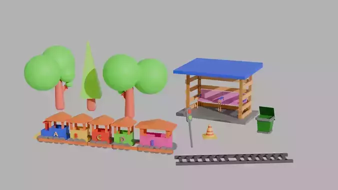  Low Poly Train Model AND TRESS BUS STOP TRAFIC LIGHT DUST BIN Low-poly 3D model