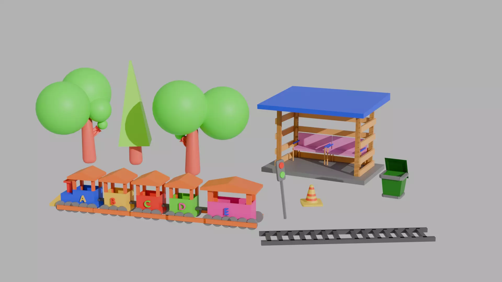 Low Poly Train Model AND TRESS BUS STOP TRAFIC LIGHT DUST BIN Low-poly 3D model_0