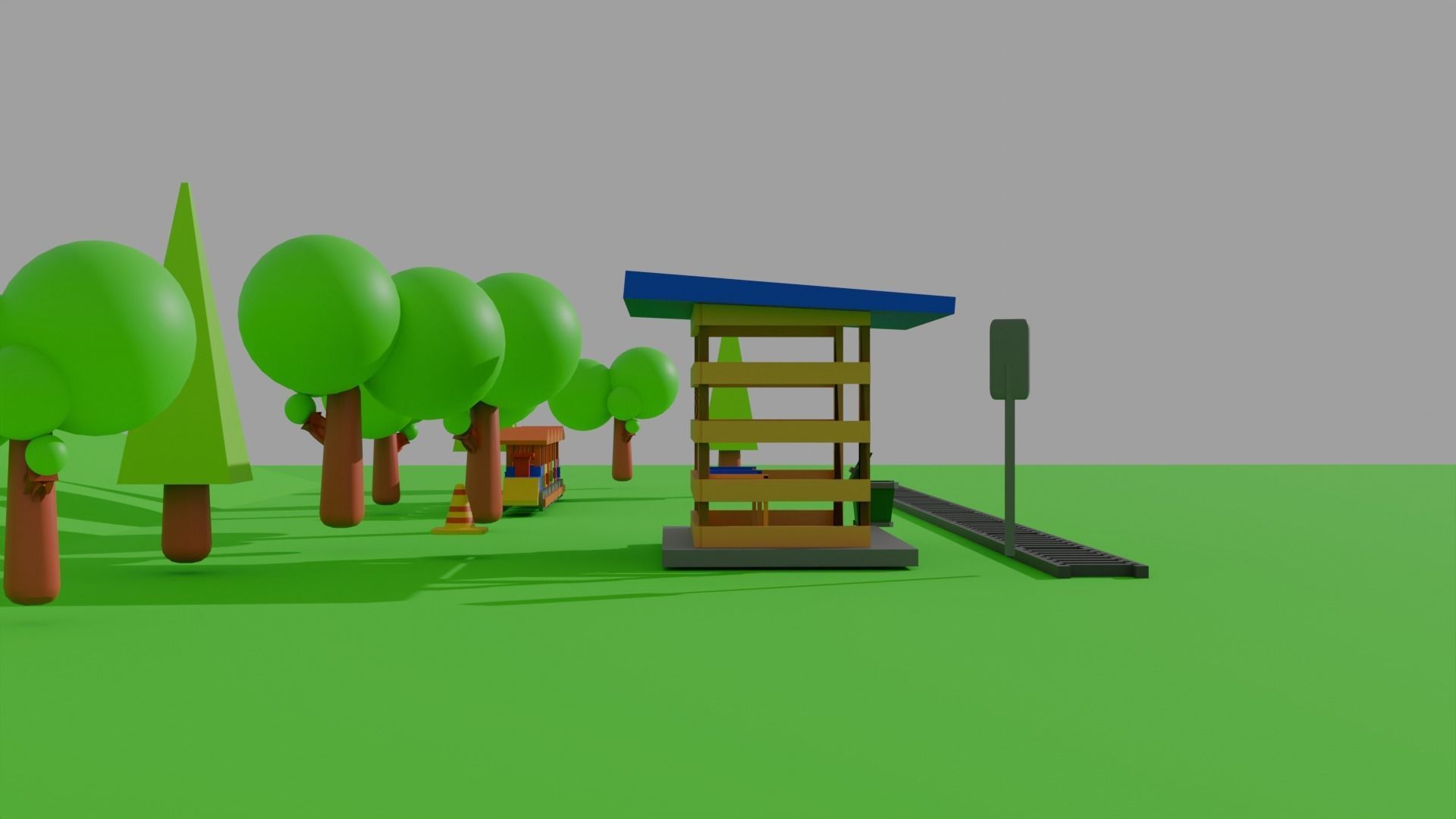 Low Poly Train Model AND TRESS BUS STOP TRAFIC LIGHT DUST BIN Low-poly 3D model_5