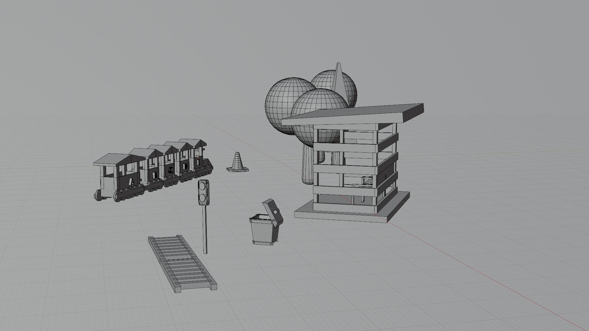 Low Poly Train Model AND TRESS BUS STOP TRAFIC LIGHT DUST BIN Low-poly 3D model_2