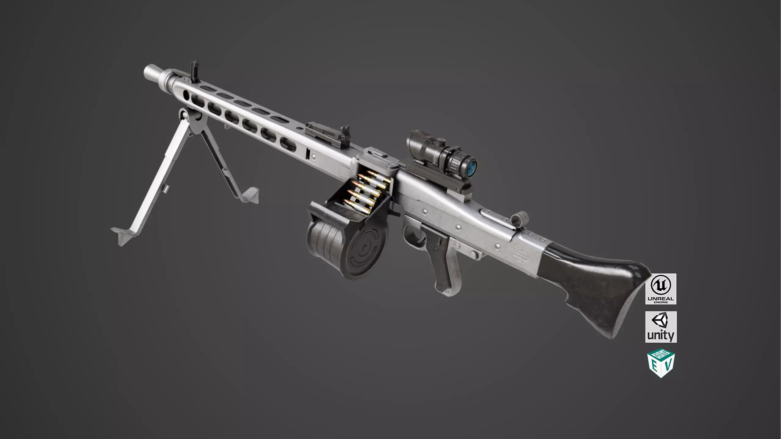 Machine Gun 08 Silver All PBR Unity UE Textures Low-poly 3D model_0