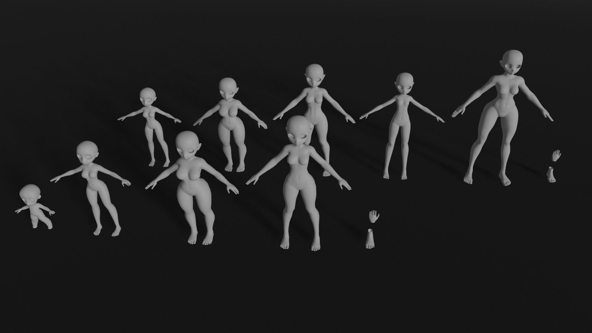 Stylized Anime girl base mesh model pack  Low-poly 3D model_1