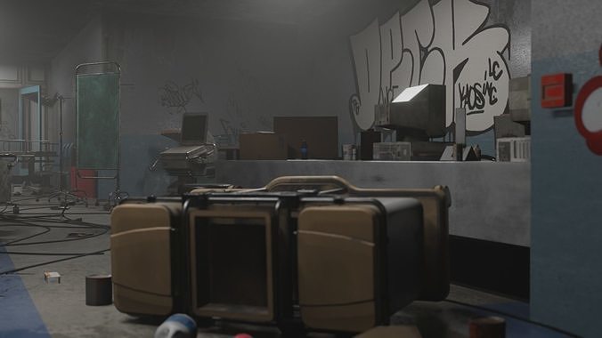 Abandoned Hospital Hall Graffity Concept Low-poly 3D model 6