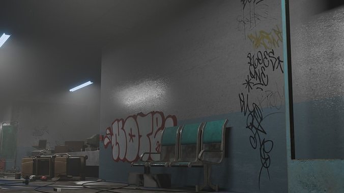 Abandoned Hospital Hall Graffity Concept Low-poly 3D model 7