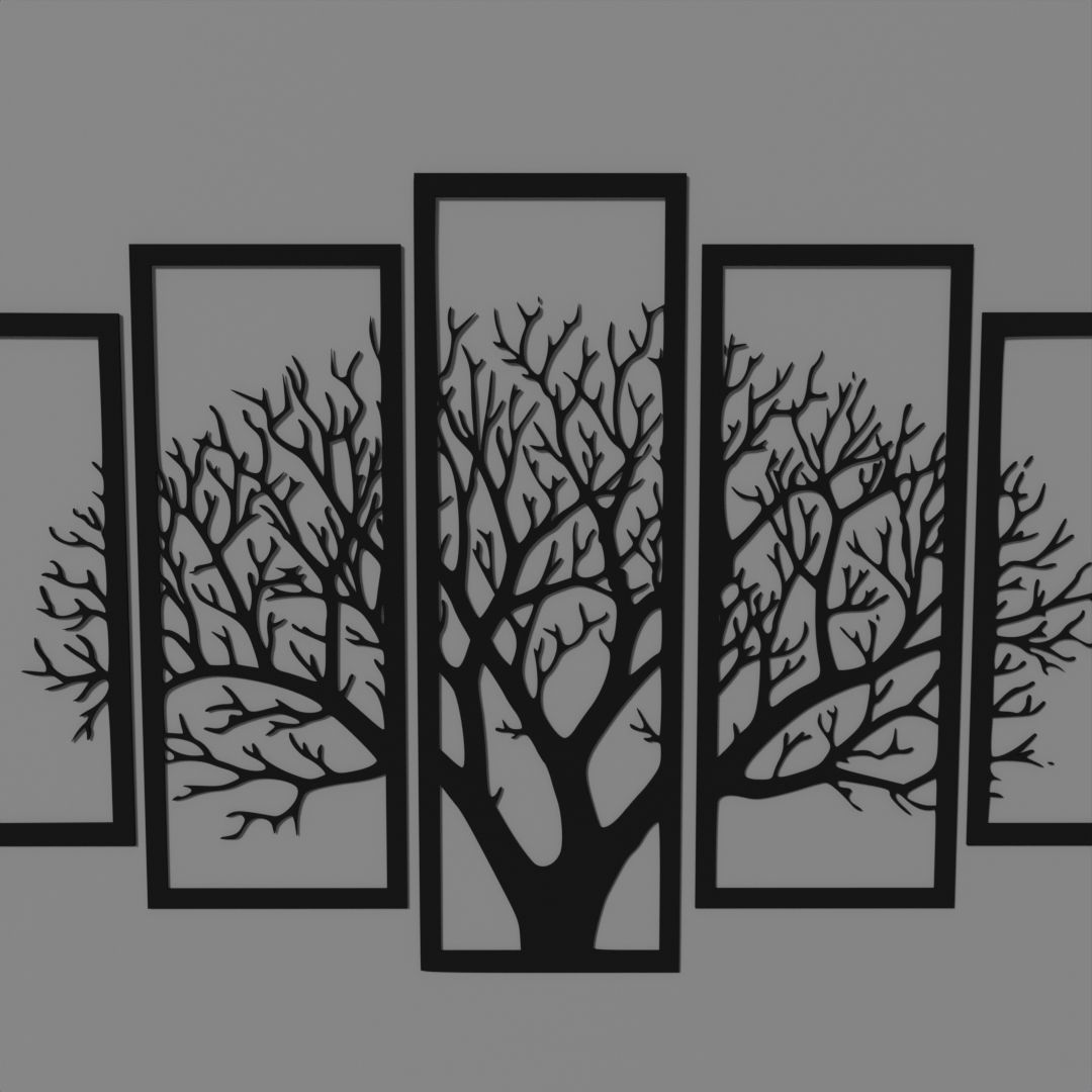 new vintage 5 frame tree panels 3d wooden wall decor Free 3D model_5