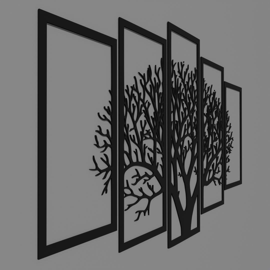 new vintage 5 frame tree panels 3d wooden wall decor Free 3D model_2
