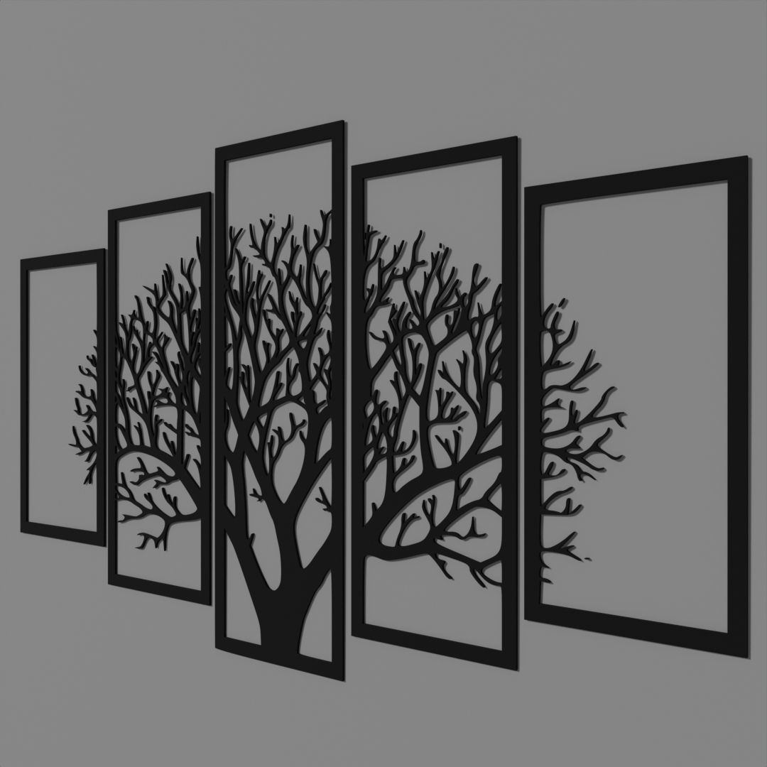 new vintage 5 frame tree panels 3d wooden wall decor Free 3D model_3
