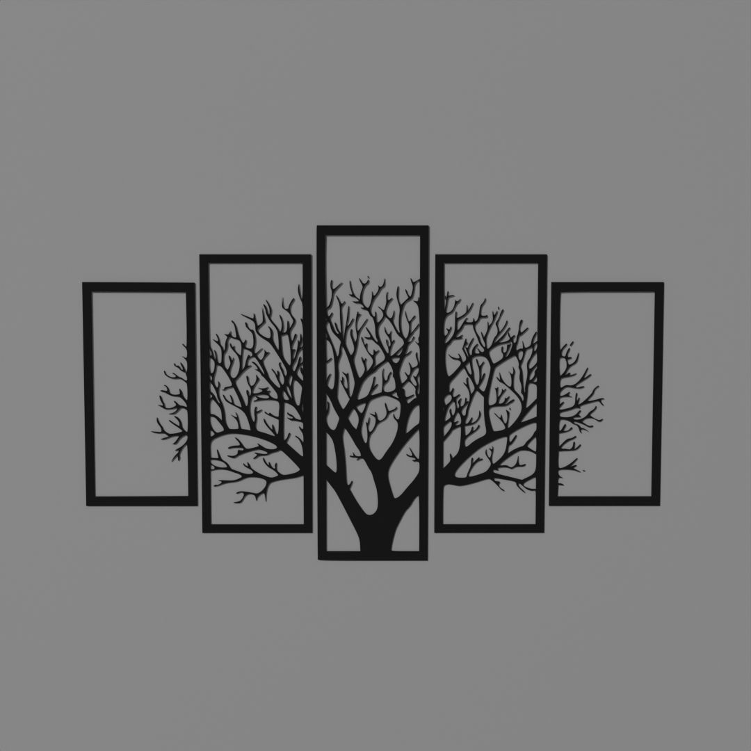 new vintage 5 frame tree panels 3d wooden wall decor Free 3D model_1