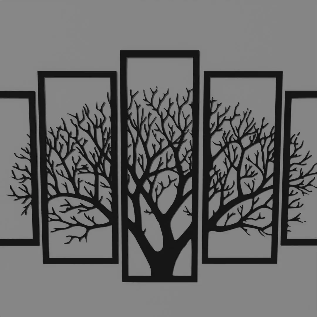 new vintage 5 frame tree panels 3d wooden wall decor Free 3D model_0